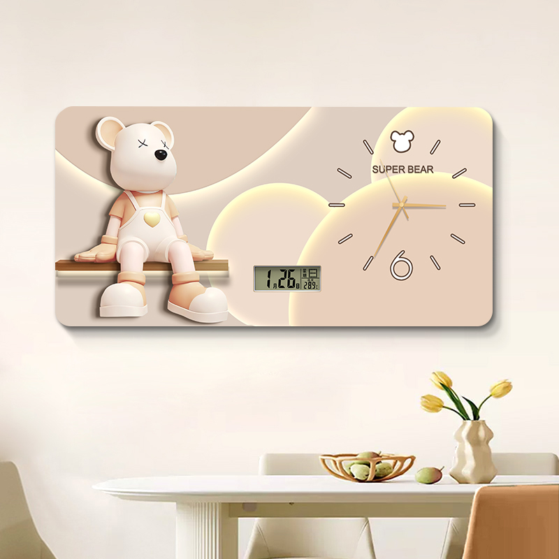 奶油风暴力熊大尺寸电表箱装饰画 画带钟表配电箱遮挡电闸万年历