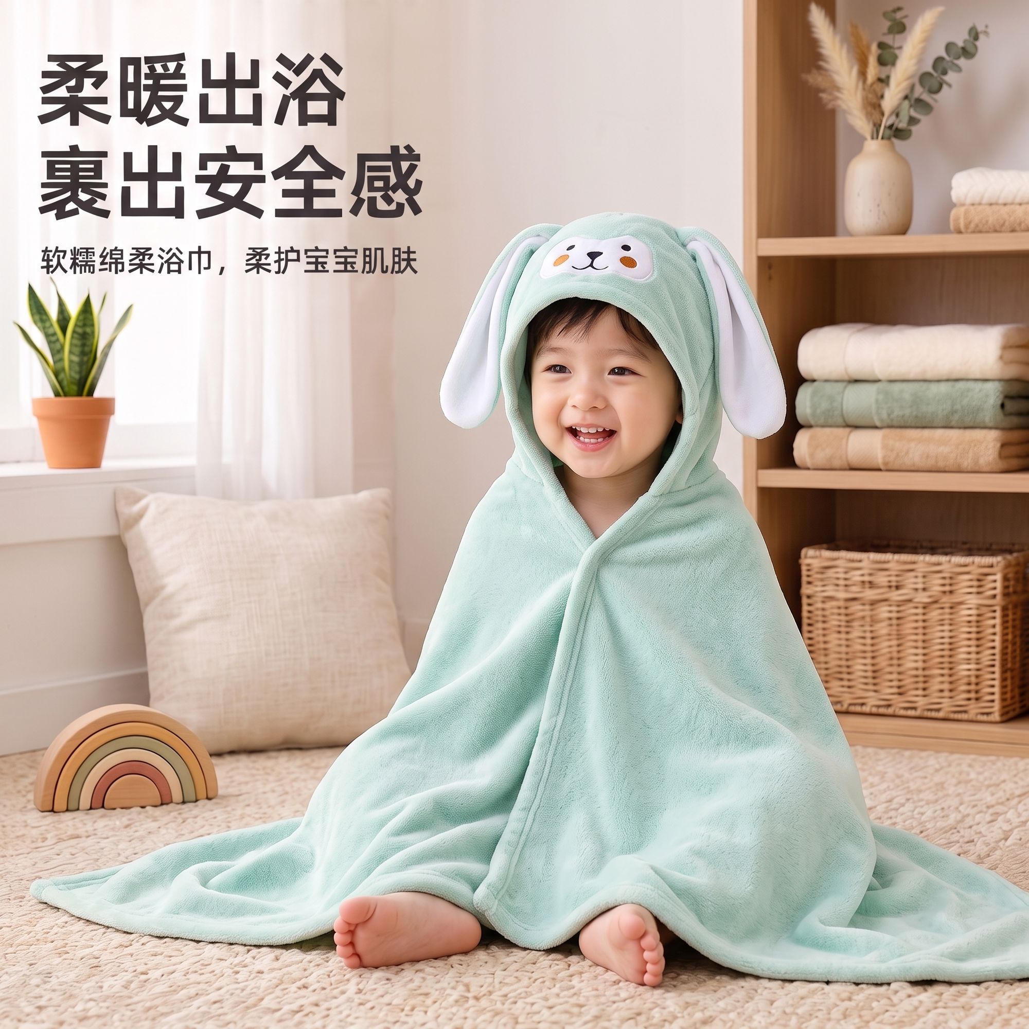 萌趣兔子帽子浴巾宝宝洗