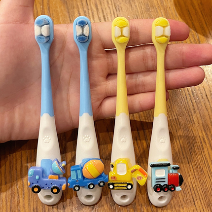 2-12 Years Old Children's Toothbrush with Cartoon Cute Designs of Cars, Excavators, Small Locomotives, and Construction Vehicles for Soft Oral Care