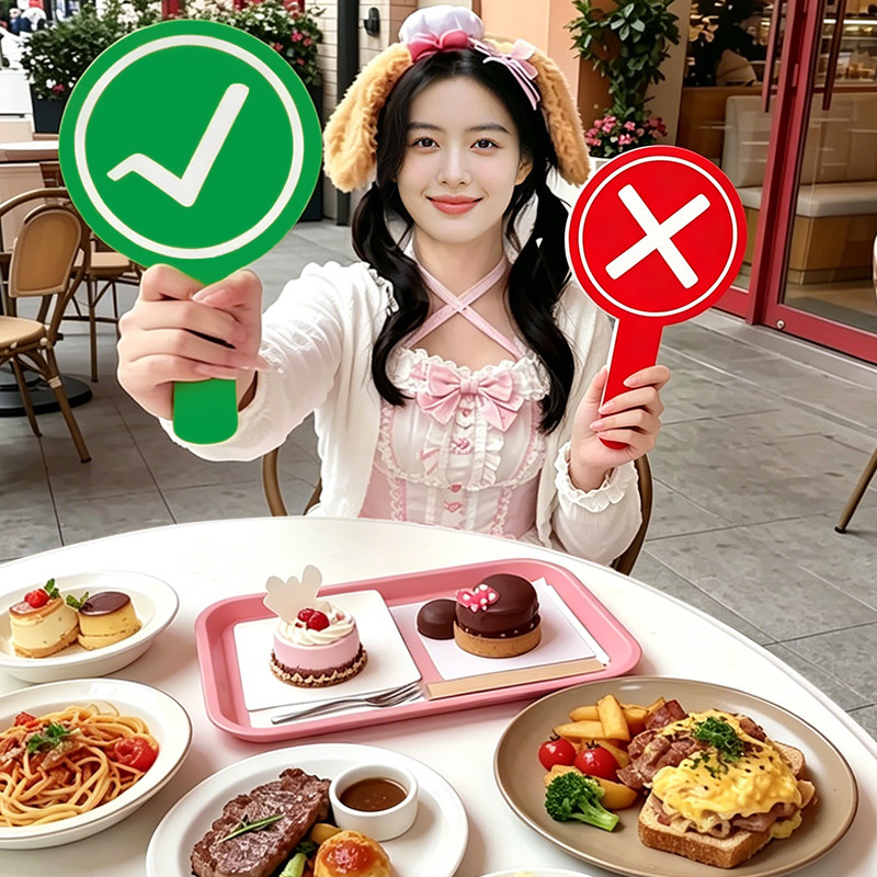 桃黑黑举牌对错举手牌打钩打叉牌子对号陶嘿旅游美食打卡拍照道具双面印刷手持迷你正确错误定制10cm同款小号