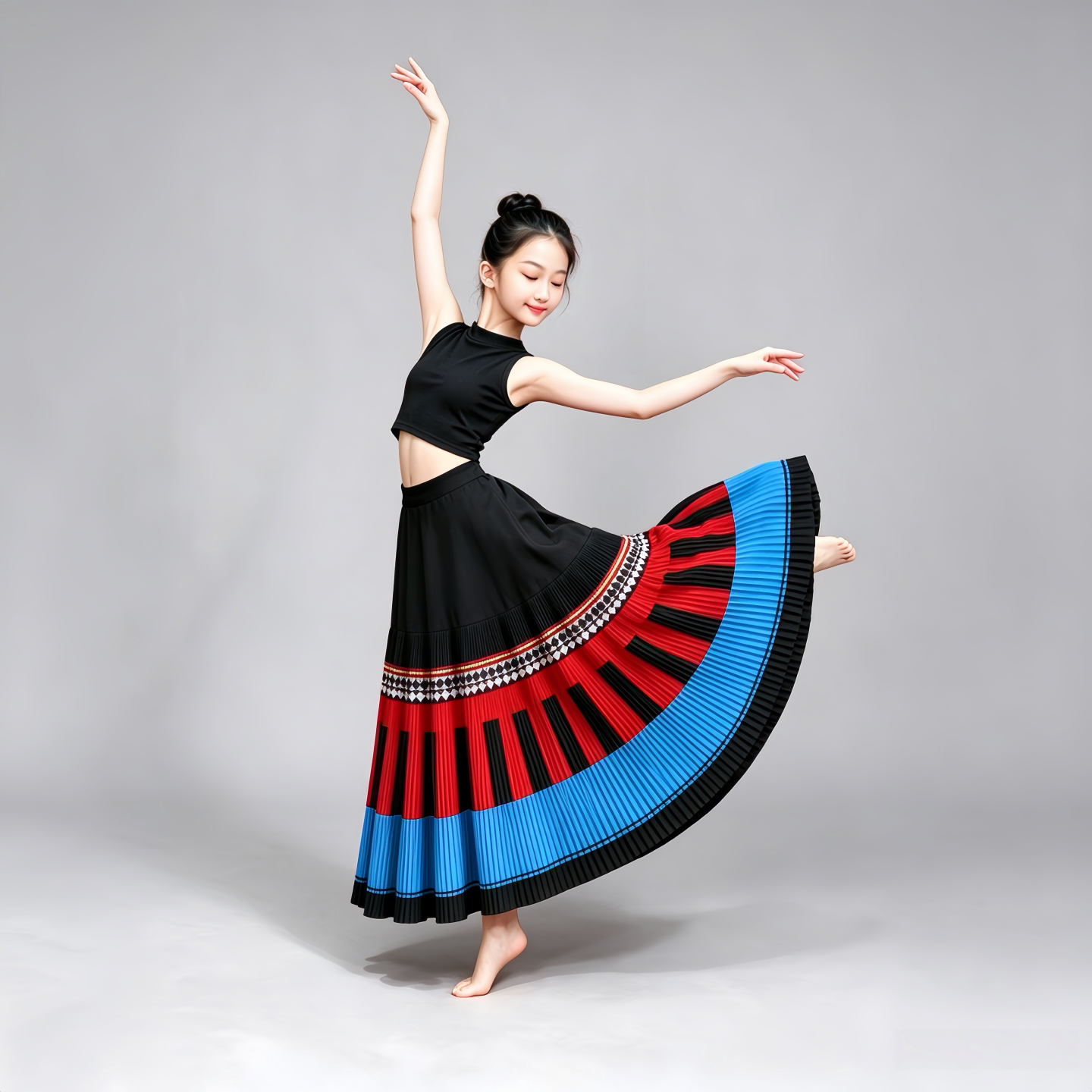 彝族大摆裙大山练习舞蹈服索玛花儿童百褶裙火把节表演服装半身裙