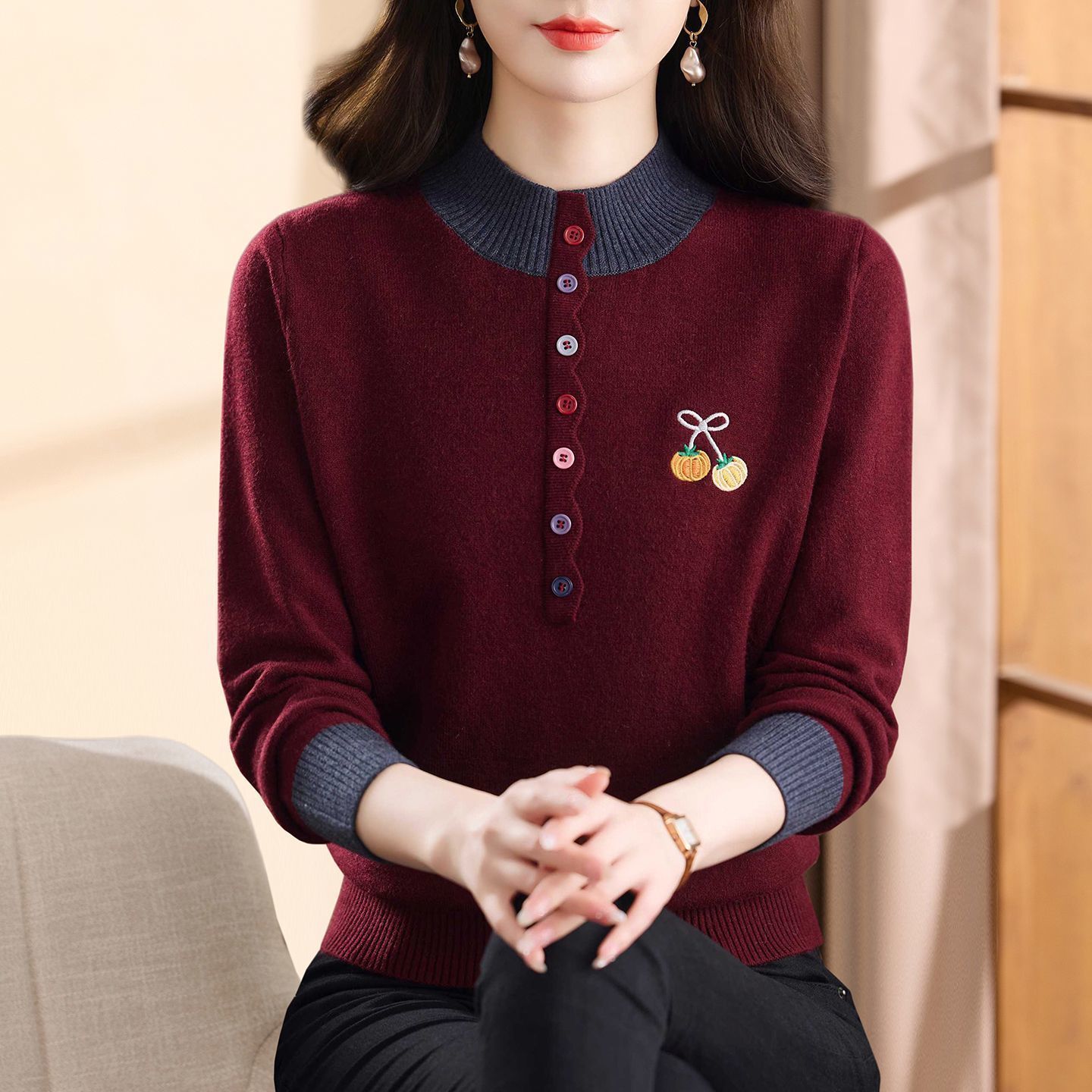 专柜正品新款妈妈毛衫针织上衣女时尚加厚保暖高级毛衣女款毛线衣
