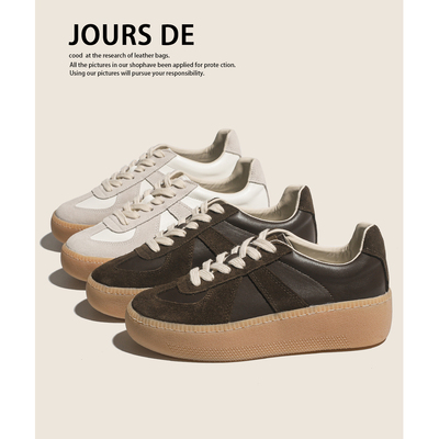 牛皮复古厚底德训鞋女2025新款百搭真皮休闲运动平底阿甘鞋板鞋子