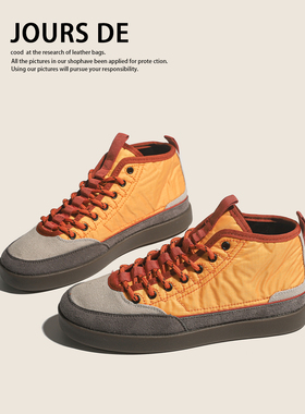 真皮时尚中高帮橙色学生德训鞋女2026春季新款百搭户外休闲帆布鞋