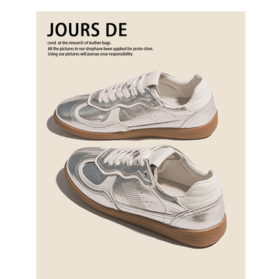 真皮版~银色复古德训鞋女学生百搭厚底拼接透气系带运动休闲板鞋