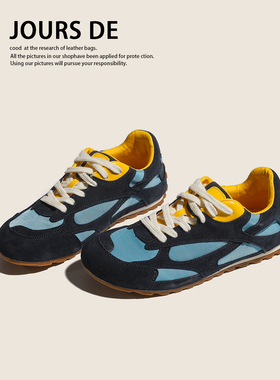 真皮~蓝色复古丑萌德训阿甘鞋女2025新款百搭芒果头运动休闲鞋子