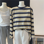 t恤慵懒风格 对比条纹长袖 春女装 宽松百搭上衣简单0206zd