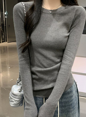 高级感灰色正肩长袖T恤女2026新款春内搭打底衫修身显瘦上0206zd