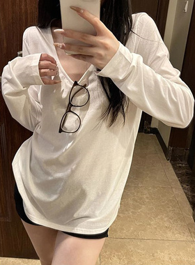 白色领长袖春女士t恤宽松的内开衩衬衫慵懒又百搭的宽0206zd