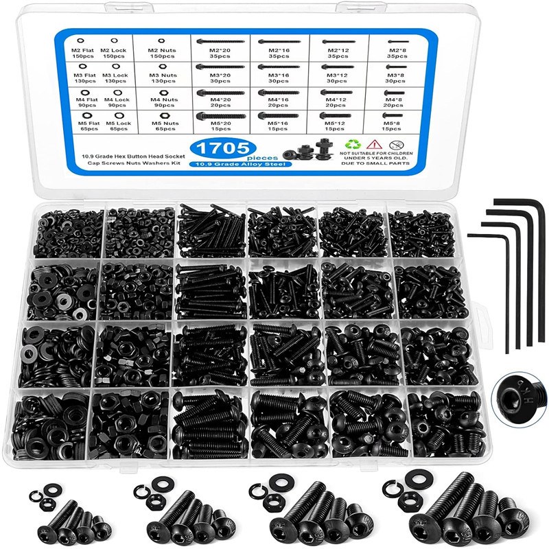 1705pcs M2 M3 M4 M5 10.9级碳钢黑色圆杯螺丝螺母垫片盒装