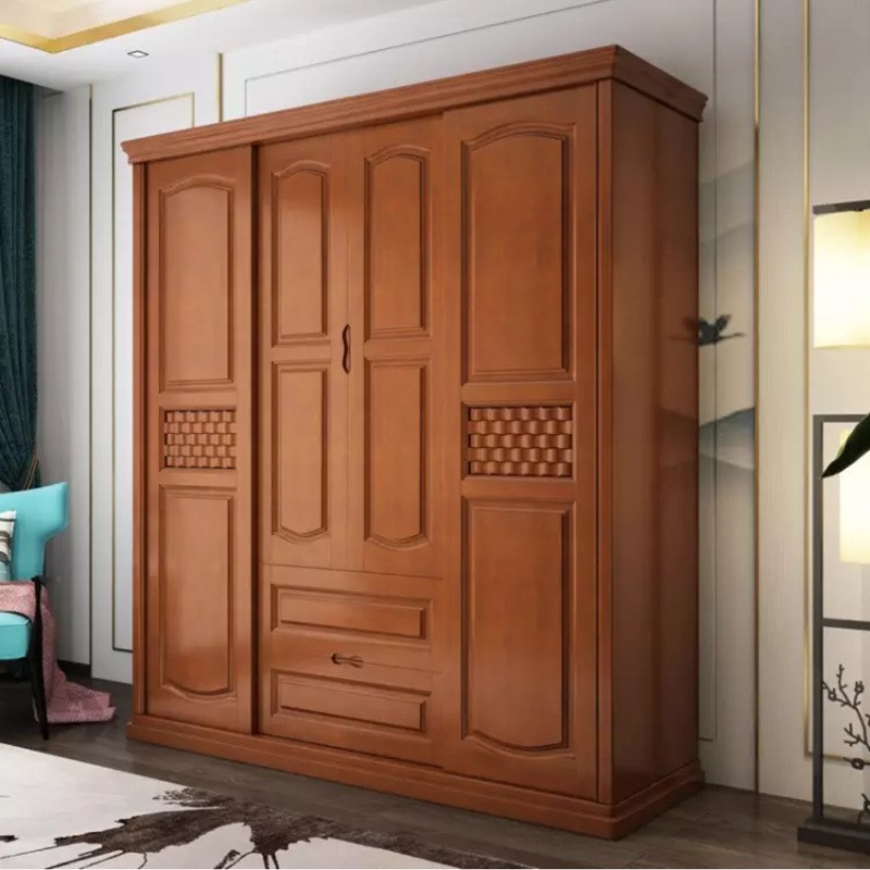 现代中式实木衣柜 四门推拉门衣柜 卧室两门移门趟门带抽屉大衣橱