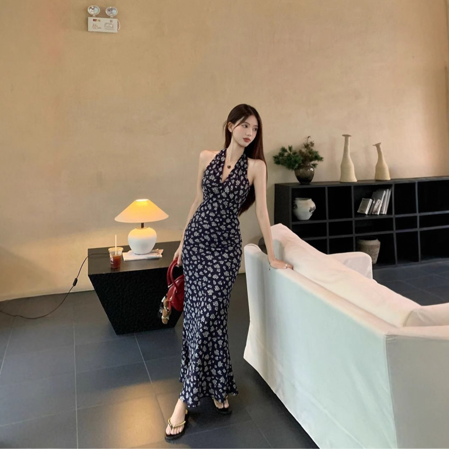 法式复古藏蓝碎花长裙