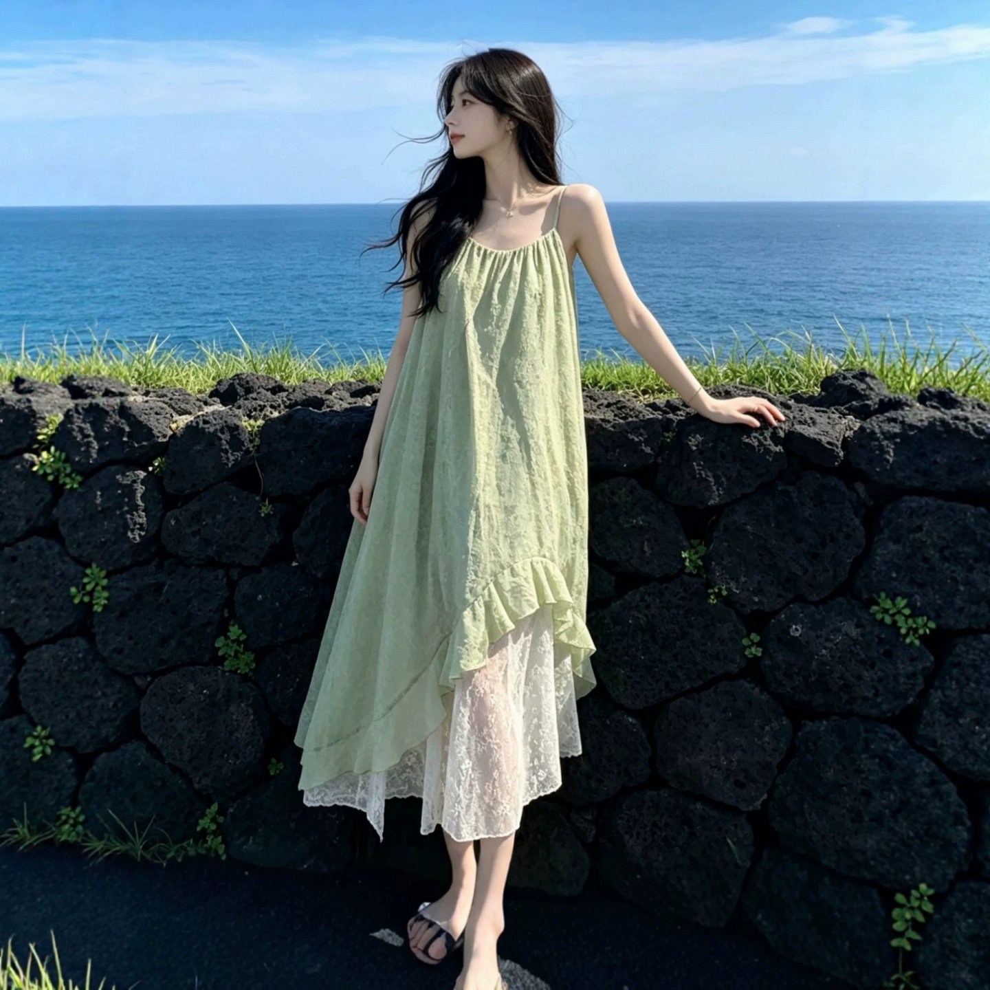 森系绿野仙踪蕾丝吊带长裙