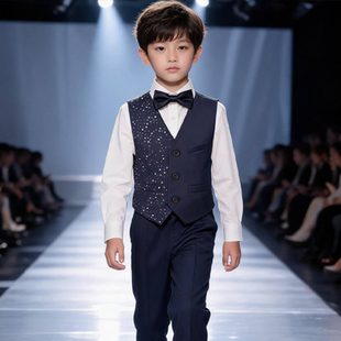 男童西装马甲套装儿童礼服主持人走秀演出服男孩西服藏青钢琴表演