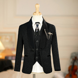 男童亮片西服套装晚会小主持人礼服钢琴演出儿童走秀模特黑色西装