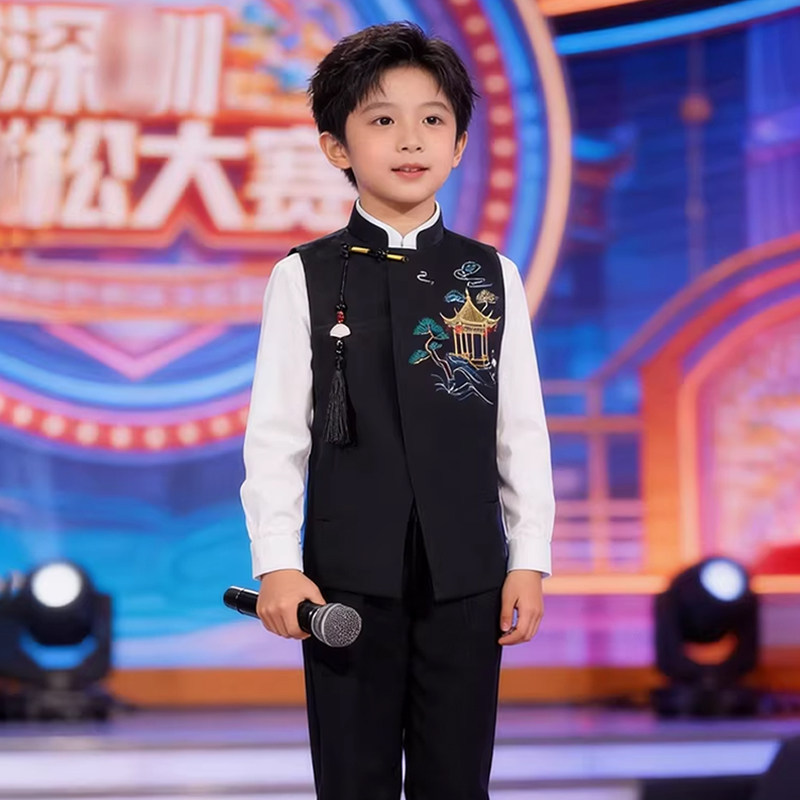 儿童礼服中式演出服长袖西装男童套装国风马甲黑色童装薄款夏西服