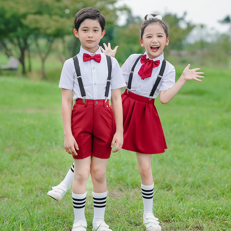 儿童演出服男女童背带裤白衬衫红裙子学生合唱服主持朗诵表演服夏