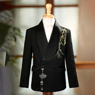 中式男童西装套装儿童礼服中国风主持人走秀男孩国潮西服演出服装