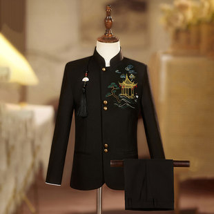 男童西装中国风刺绣中山装儿童黑色立领复古演出西服中式学生正装