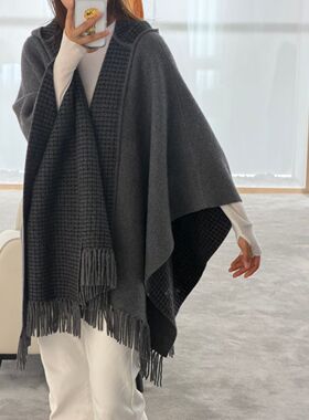 宝子大斗篷披肩|100%山羊绒|四平针双面提花101040加厚重磅1056克