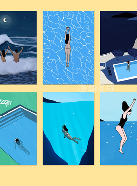 夏日海边风景海报插画海岸时光大海游泳艺术挂画芯卧室墙面装饰画