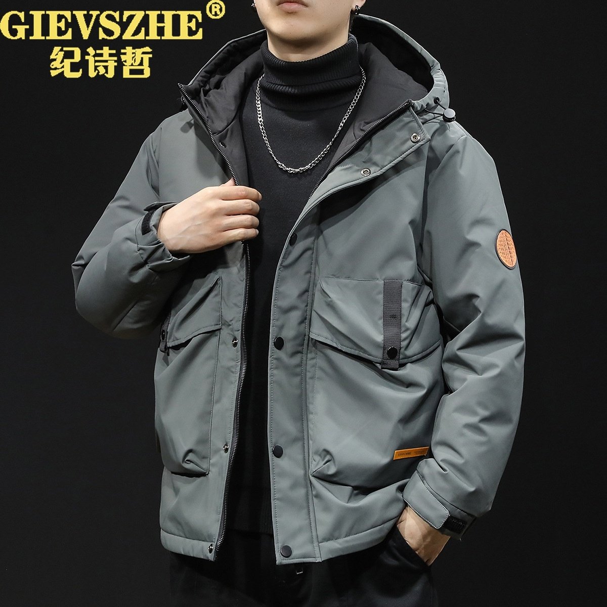 纪诗哲白鸭羽绒服男冬季连帽2025新款男装大码工装时尚潮牌外套