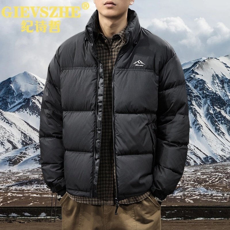 纪诗哲2024冬季潮山系立领连帽羽绒服男拼色宽松加厚白鸭绒外套男