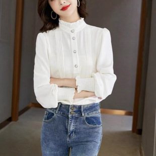 上衣女 新立领气质设计感小众长袖 荷叶边白色百搭雪纺衫 女2025春装