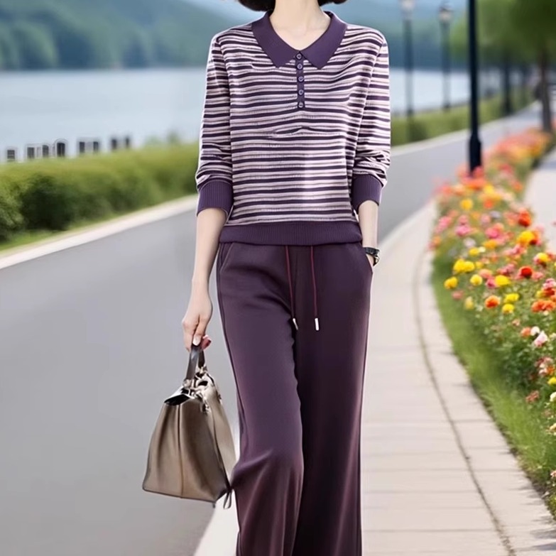素雅订制女装原创品牌新款翻领条纹针织衫松紧腰直筒裤减龄两件套
