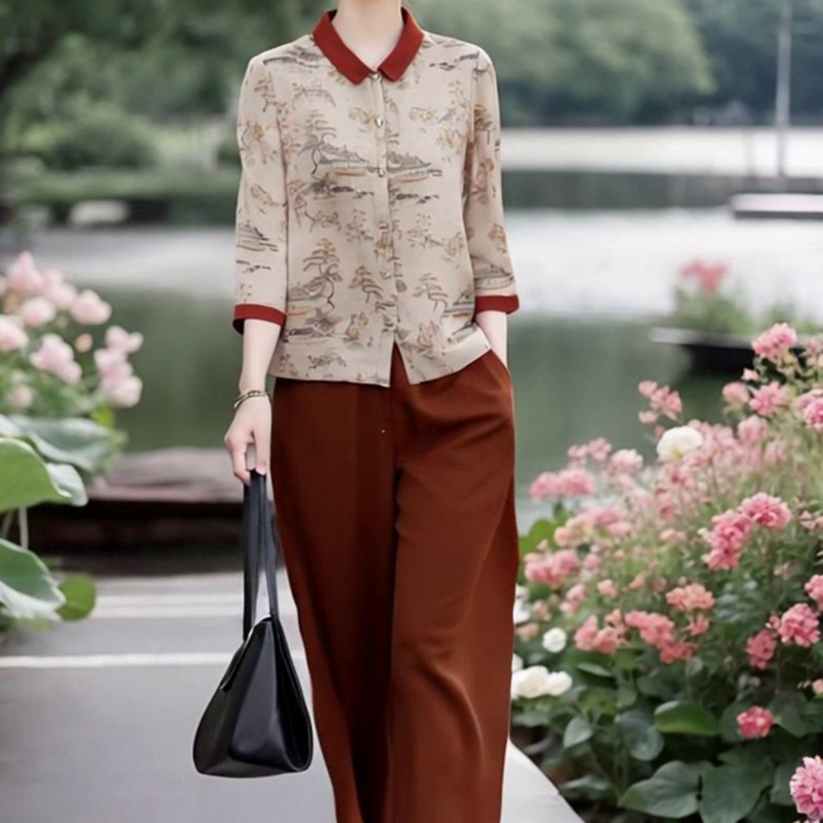 素雅订制女装原创品牌国风撞色印花七分袖衬衫松紧腰九分裤两件套