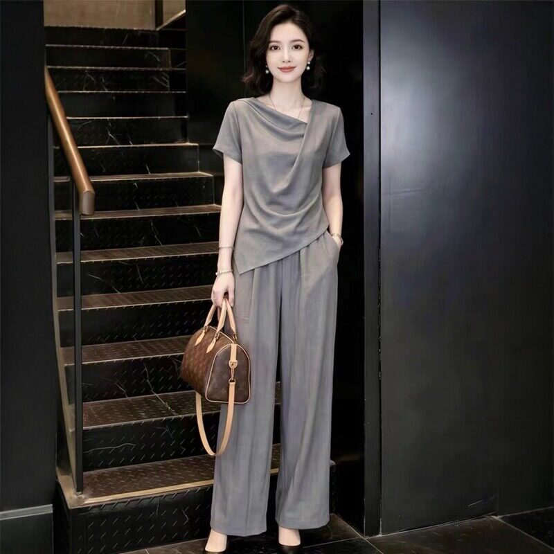 素雅订制女装原创品牌新款套装夏季圆领短袖上衣松紧腰裤子两件套