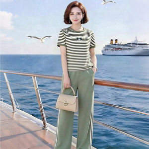 素雅订制女装原创品牌旗舰店2026夏季新款减龄冰丝刺绣条纹两件套