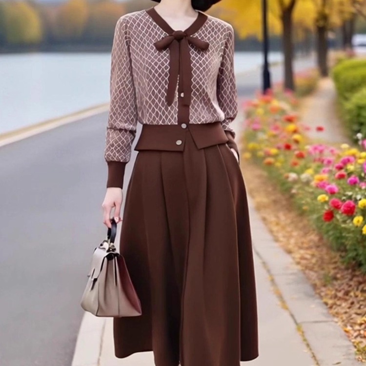 素雅订制女装原创品牌高级感提花系带针织衫松紧散摆半身裙套装