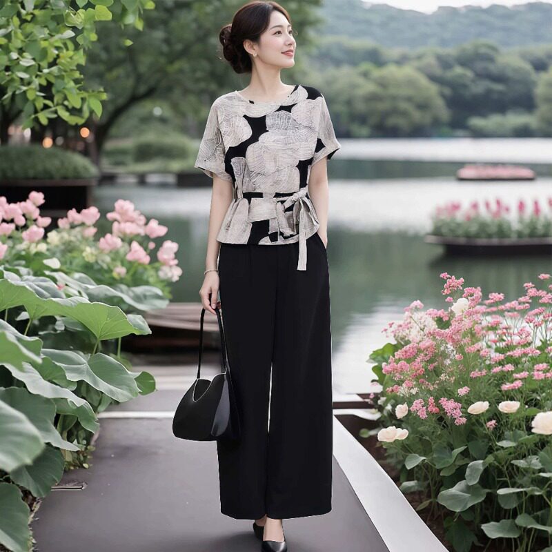 素雅订制女装原创品牌旗舰高级感气质上衣短袖超好看阔腿裤两件套