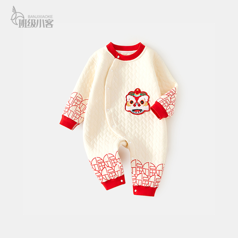 拜年服婴儿连体衣保暖秋装夹棉婴幼儿宝宝衣服秋季薄棉哈衣爬服