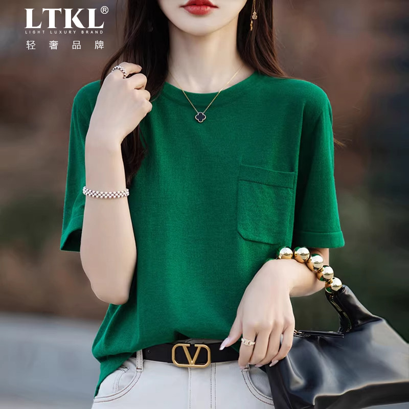 带兜短袖t恤女夏季2026新款打底衫洋气大码女装薄款冰丝针织上衣