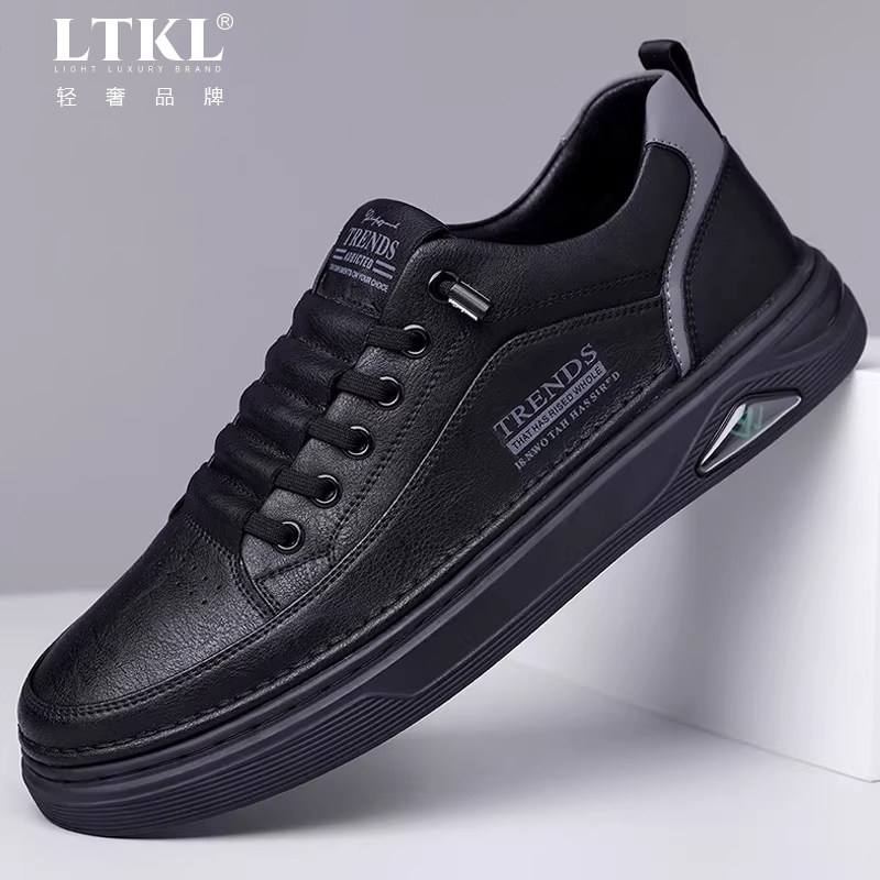 轻奢新款休闲皮鞋男款平底板鞋耐磨黑色男鞋运动休闲鞋透气百搭鞋