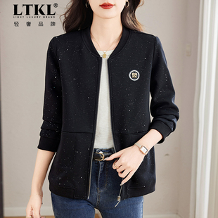 休闲大码棒球服外套女春秋季2025新款中年妈妈黑色夹克上衣女薄款