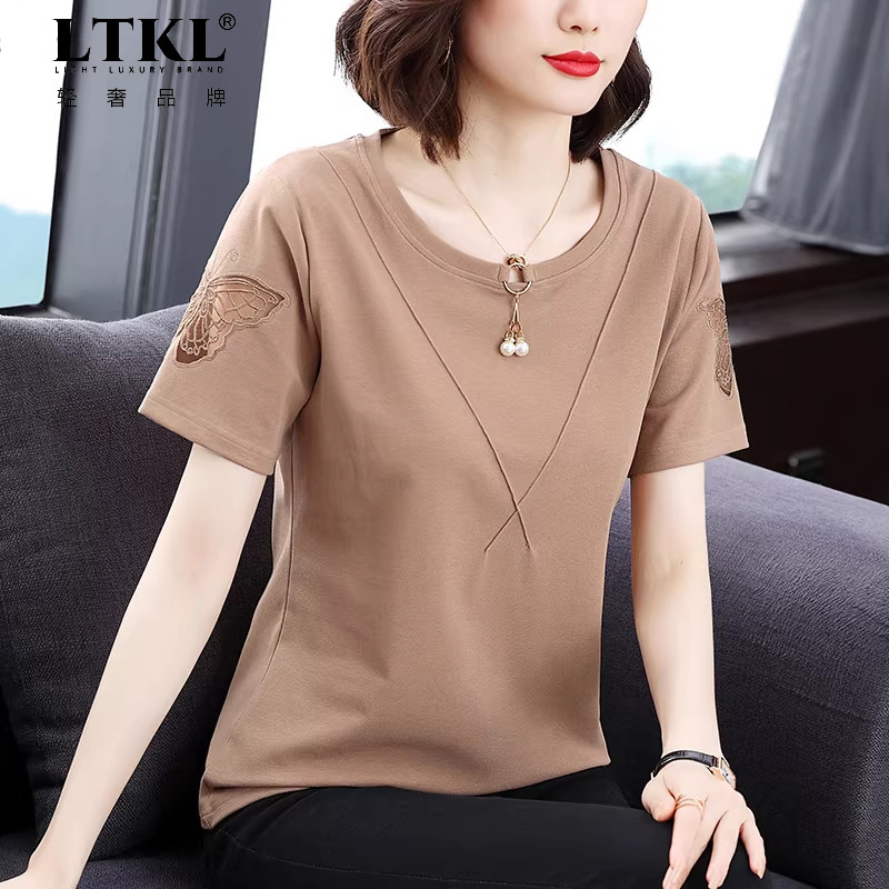 刺绣短袖T恤女2026年新款宽松女士纯棉上衣中年妈妈百搭夏天小衫