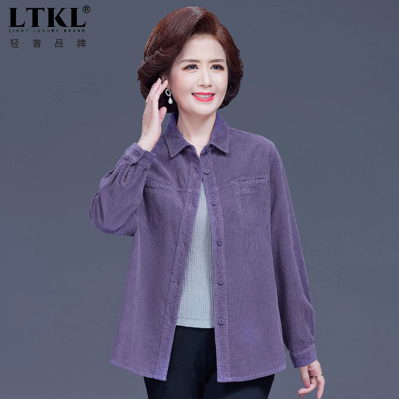中老年长袖衬衫女士装新款灯芯绒上衣洋气50岁妈妈衬衣春秋款