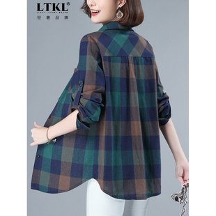 中年妈妈洋气上衣大码 春秋新款 休闲格子加绒薄外套 女长袖 纯棉衬衫