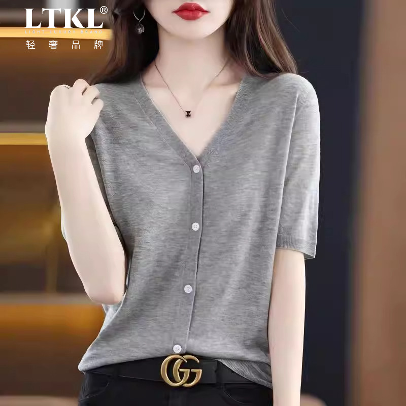 v领短袖冰丝针织开衫女薄款外套夏季新款大码披肩外搭上衣短款t恤