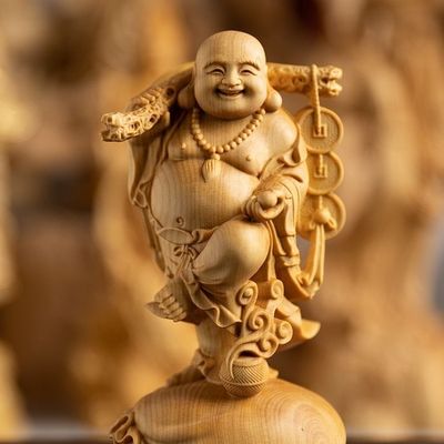 黄杨木雕摆件实木雕刻工艺品家居装饰汽车载铜钱福袋弥勒佛手把件