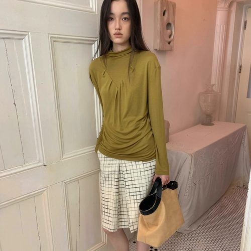 Spoii棕绿针织垂褶半高领宽松打底衫/黑白格子复古英伦风压褶半裙