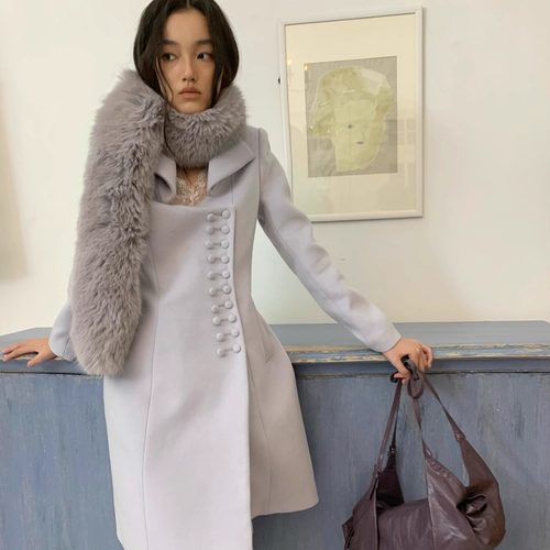 Spoii 灰蓝色翻领单侧双扣低领修身中长款羊毛混纺法式大衣