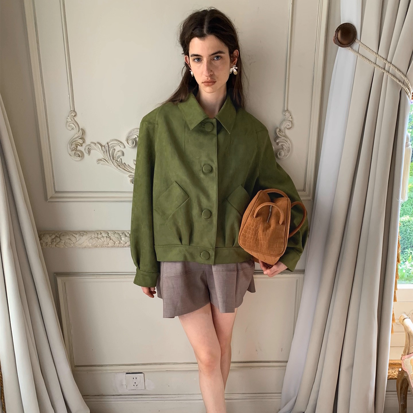 spoii 复古绿麂皮廓形感休闲时髦夹克短外套