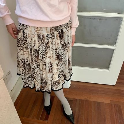 Spoii 豹纹弹力网纱黑色花边抽皱及膝设计感时髦半裙