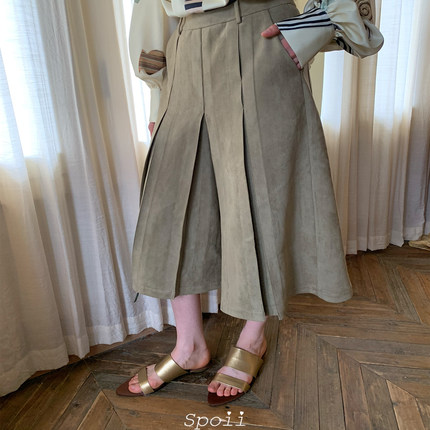 Spoii 橄榄绿复古麂皮打褶阔腿休闲时髦感七分裤