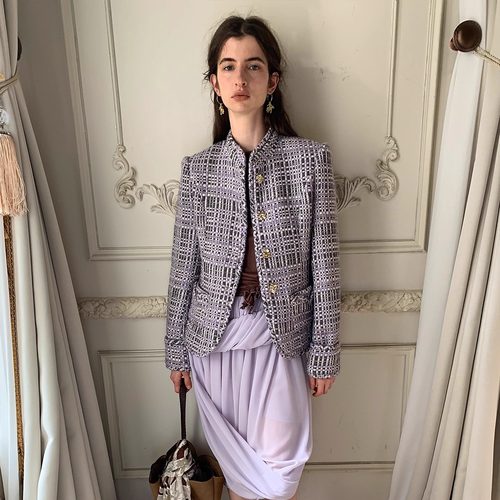 Spoii 香芋紫编织粗花呢立领修身嵌棉绳设计复古时髦西装羊毛外套