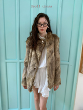 Spoii Unosa原创设计深灰绿中古感光泽修身时髦仿皮草外套